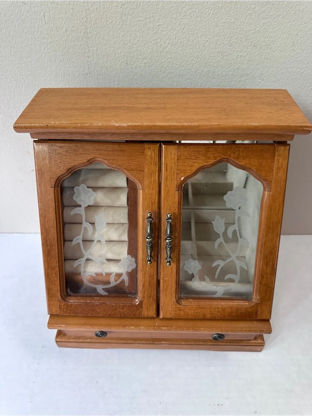Vintage Wooden Jewelry Armoire Box Etched Glass Rose Doors Drawer